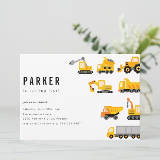 Bau von Lastkraftwagen Thema Geburtstag Einladung (Stehend Vorderseite)