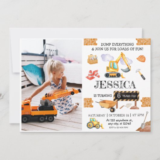 Bau von Lastkraftwagen Thema Geburtstag Einladung (Vorderseite)