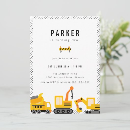 Bau von Lastkraftwagen Thema Geburtstag Einladung (Stehend Vorderseite)