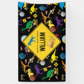 Bau von Lastwagen Dinosauriern im Weltraum Geburts Banner (Vertikal)