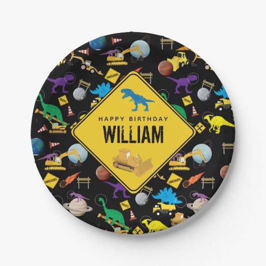 Bau von Lastwagen Dinosauriern im Weltraum Geburts Pappteller (Vorderseite)