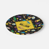 Bau von Lastwagen Dinosauriern im Weltraum Geburts Pappteller (Schrägansicht)