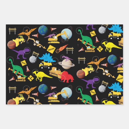 Bau von LKWs Astronaut Dinosaurier im Weltraum Geschenkpapier Set (Vorderseite)