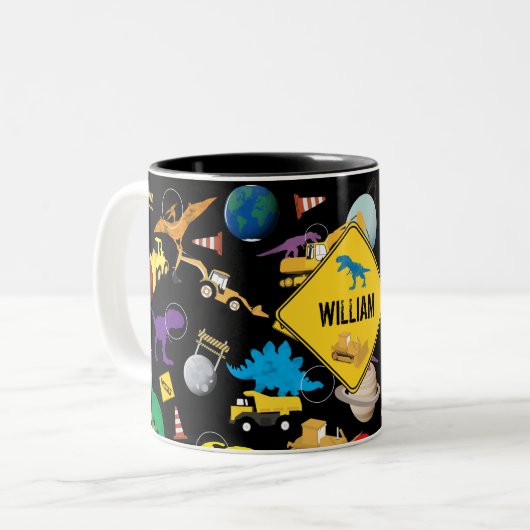 Bau von LKWs Astronaut Dinosaurier im Weltraum Zweifarbige Tasse (Vorderseite Links)