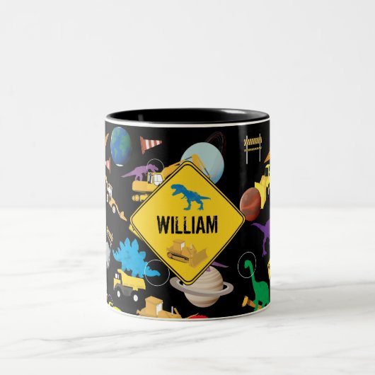 Bau von LKWs Astronaut Dinosaurier im Weltraum Zweifarbige Tasse (Mittel)