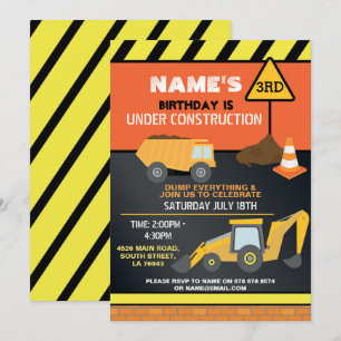 Baubaumeister Digger Truck Geburtstagspartei Einladung