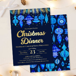 Baubles Christmas Dinner Watercolor Navy Blue Folieneinladung