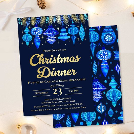 Baubles Christmas Dinner Watercolor Navy Blue Folieneinladung