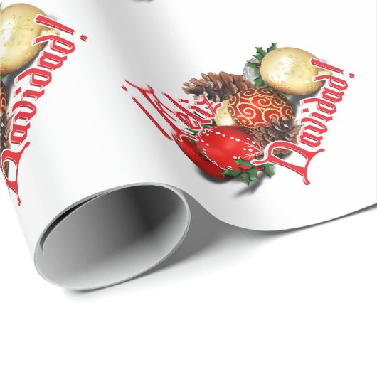 Baubles & Pine Cones - Feliz Navidad Geschenkpapier (Rolleneckpunkt)
