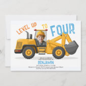 BauBulldozer Level Up Foto 4. Geburtstag Einladung (Vorderseite)