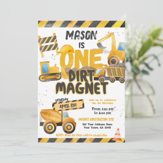 Bauen, Hüftwagen 1. Geburtstag Einladung (Stehend Vorderseite)