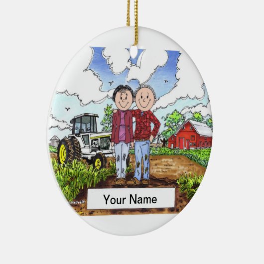 Bauer Couple - Weißer Traktor Keramik Ornament (Rechts)