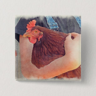 Bauer, der Huhn gemalte Art umarmt Button