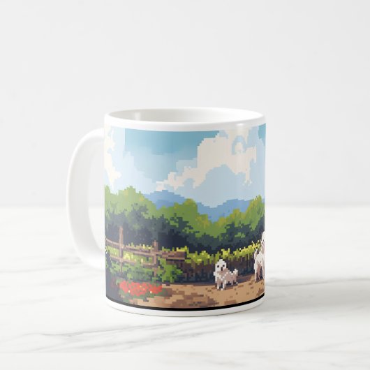 Bauer, Hund und Bauernhof in Pixel Kaffeetasse (Vorderseite Links)