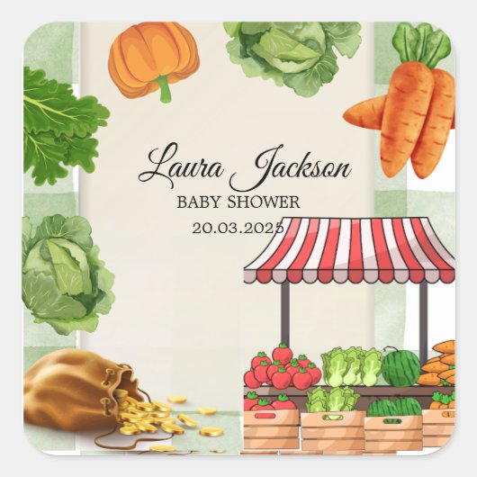 Bauer Market Baby Dusche Einladung Quadratischer Aufkleber (Vorderseite)