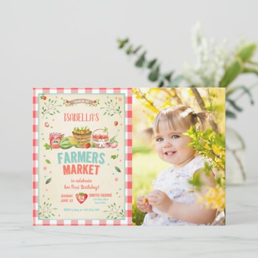 Bauer Markt Grosse Veggies Obst Rote Girl Party Einladung (Stehend Vorderseite)