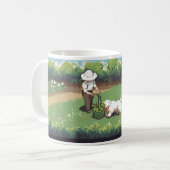 Bauer und ein Hund in Pixel Art Kaffeetasse (Vorderseite Links)