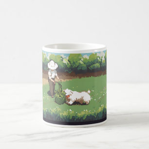 Bauer und ein Hund in Pixel Art Kaffeetasse