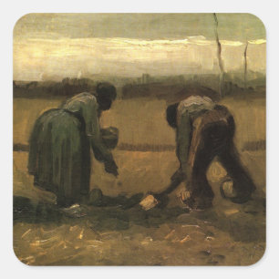 Bäuerin beim Kartoffelpflanzen von Vincent van Gog Quadratischer Aufkleber