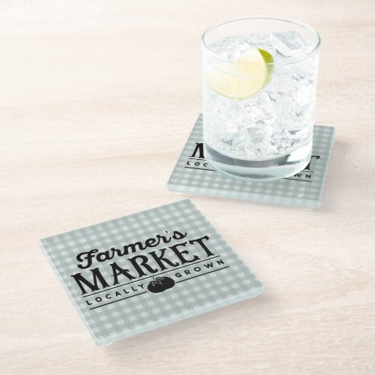 Bauern Market Gray Gingham Glasuntersetzer (Schrägansicht)