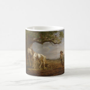 Bauern ruhen auf einem Feld mit Pferden und Pflug Kaffeetasse