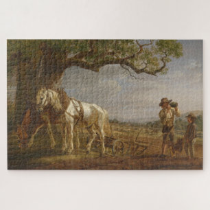Bauern ruhen auf einem Feld mit Pferden und Pflug Puzzle