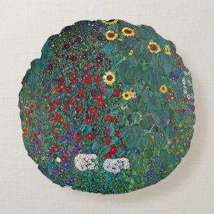 Bauerngarten mit Sonnenblume von Klimt, Vintage Bl Rundes Kissen