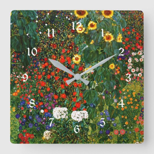 Bauerngarten mit Sonnenblumen, farbenfrohe Malerei Quadratische Wanduhr (Vorderseite)