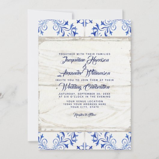 Bauernhaus-Bauernhof Lapis blaue weiße hölzerne Einladung (Vorderseite)