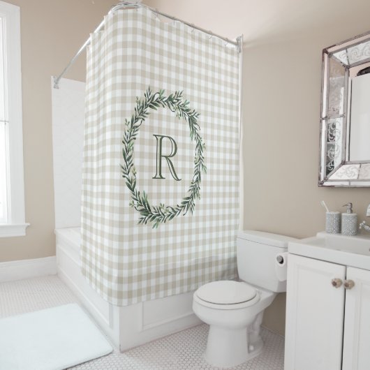 Bauernhaus Beige Buffalo Kariert Wreath Monogram Duschvorhang (Beispiel)