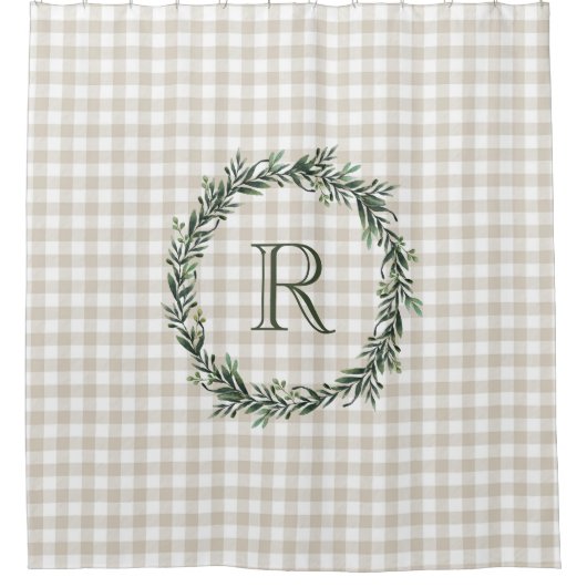 Bauernhaus Beige Buffalo Kariert Wreath Monogram Duschvorhang (Vorderseite)