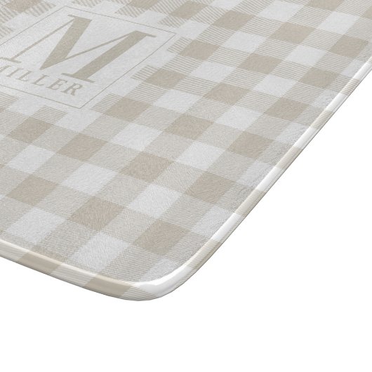 Bauernhaus Beige Buffalo Karo Monogram Glass Schneidebrett (Ecke)