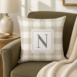Bauernhaus Beige Gray Gingham Karo Kariert Monogra Kissen
