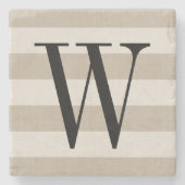 Bauernhaus Beige Leinen Streifen Monogramm Steinuntersetzer (Vorderseite)