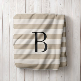 Bauernhaus Beige Streifen Monogram Blanket Sherpadecke