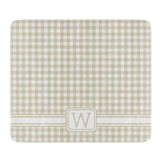 Bauernhaus Beige und White Gingham Kariert Monogra Schneidebrett (Vorderseite)