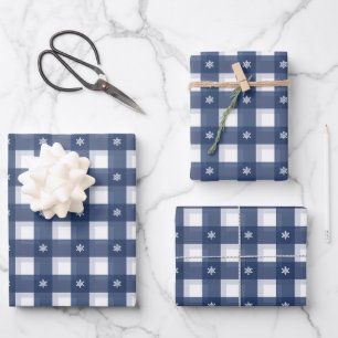 Bauernhaus Blau-Weiß Schneeflocken Gingham kariert Geschenkpapier Set