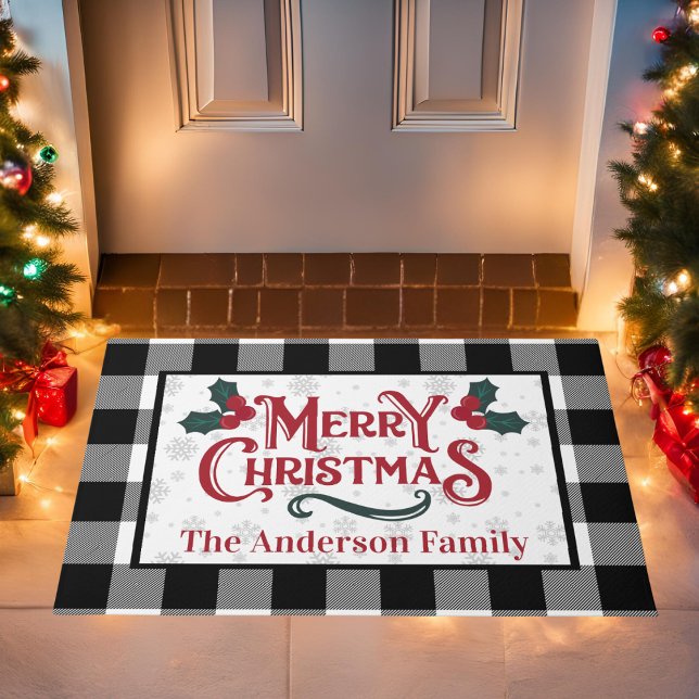 Bauernhaus Buffalo Kariert Frohe Weihnachten Custo Fußmatte (Farmhouse Buffalo Plaid Merry Christmas Personalized Holiday Doormat)