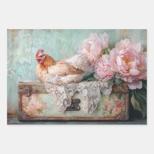Bauernhaus Chic Chicken & Peony Decoupage Geschenkpapier Set (Vorderseite 3)