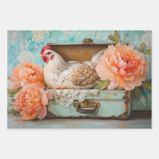 Bauernhaus Chic Chicken & Peony Decoupage Geschenkpapier Set (Vorderseite)