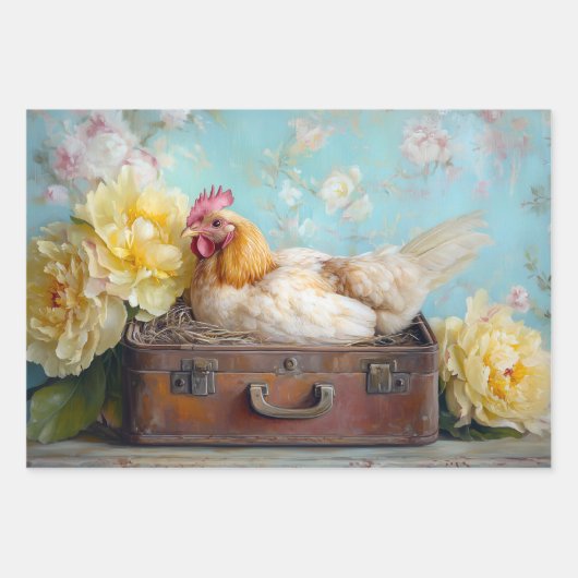 Bauernhaus Chic Chicken & Peony Decoupage Geschenkpapier Set (Vorderseite)