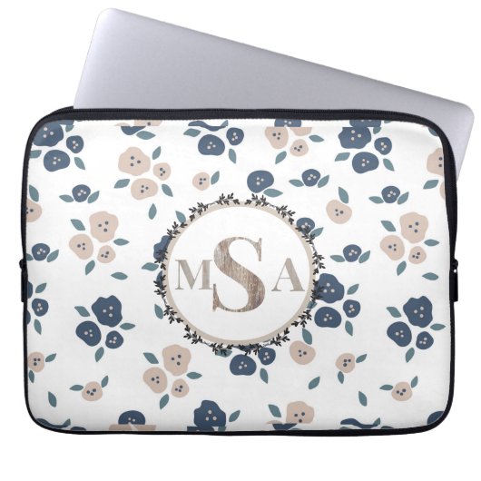 Bauernhaus Country Floral Blue Tan Stilvoll Laptopschutzhülle (Vorderseite)