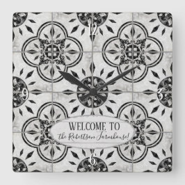 Bauernhaus Damask Tile Muster Holzfamilie Name Quadratische Wanduhr