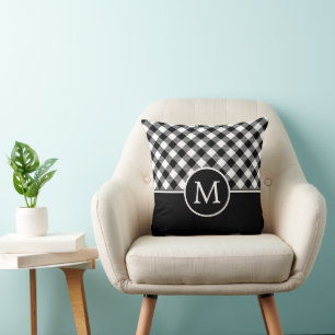 Bauernhaus-Gingham-Karo-Schwarz-Weiß-Monogramm Kissen