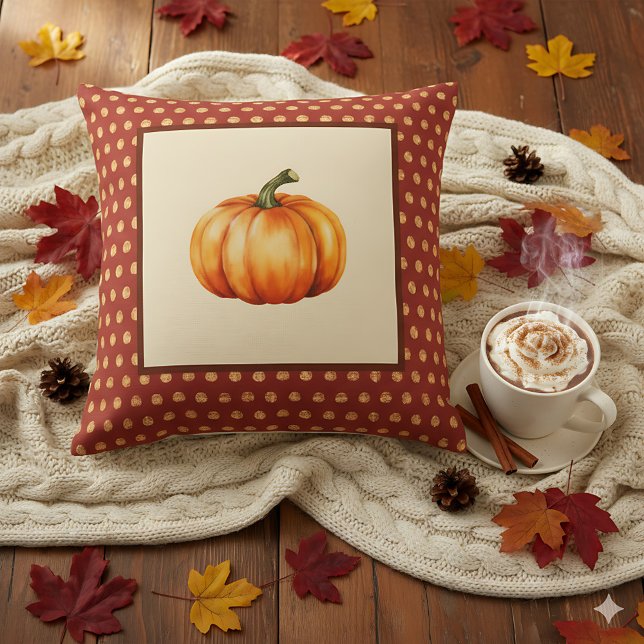 Bauernhaus Herbstdekor mit Pumpkin - Retro Herbst Kissen (Decorative pumpkin pillow with fall leaves background.)