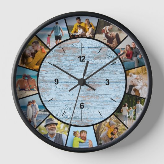 Bauernhaus Imitate Blue Wood Fence 12 Foto Collage Uhr (Vorderseite)