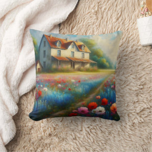 Bauernhaus in einem Blumenfeld Kissen