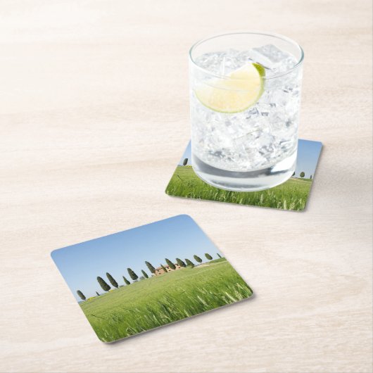 Bauernhaus in Toskana mit Zypressen-Untersetzer Rechteckiger Pappuntersetzer (Vor Ort)