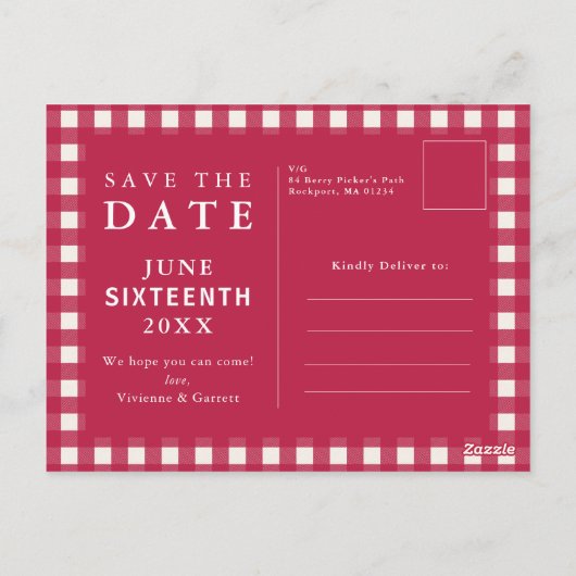 Bauernhaus Karierte Hochzeit Rote Flora Save the D Postkarte (Rückseite)