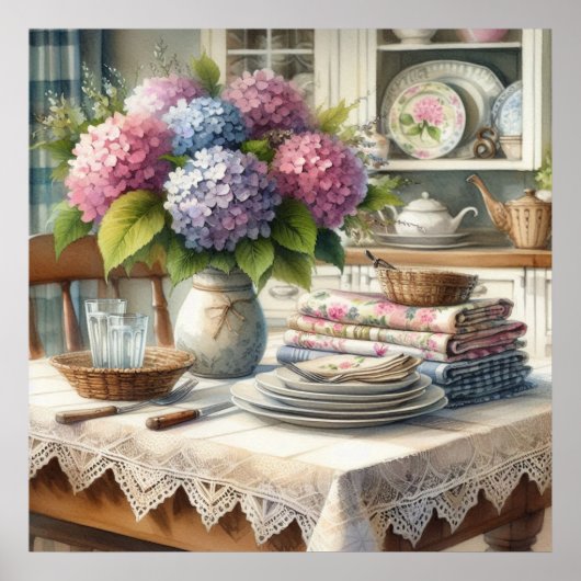 Bauernhaus Küche mit Hydrangea-Blume Poster (Vorne)